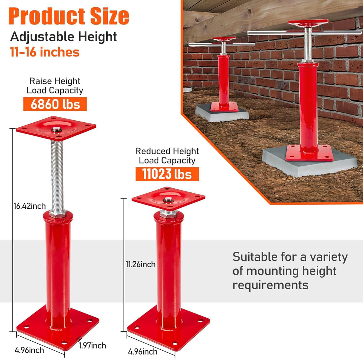 4 Pack House Floor Jacks, 11"-16" Height Range, 11023 LBS Max Load