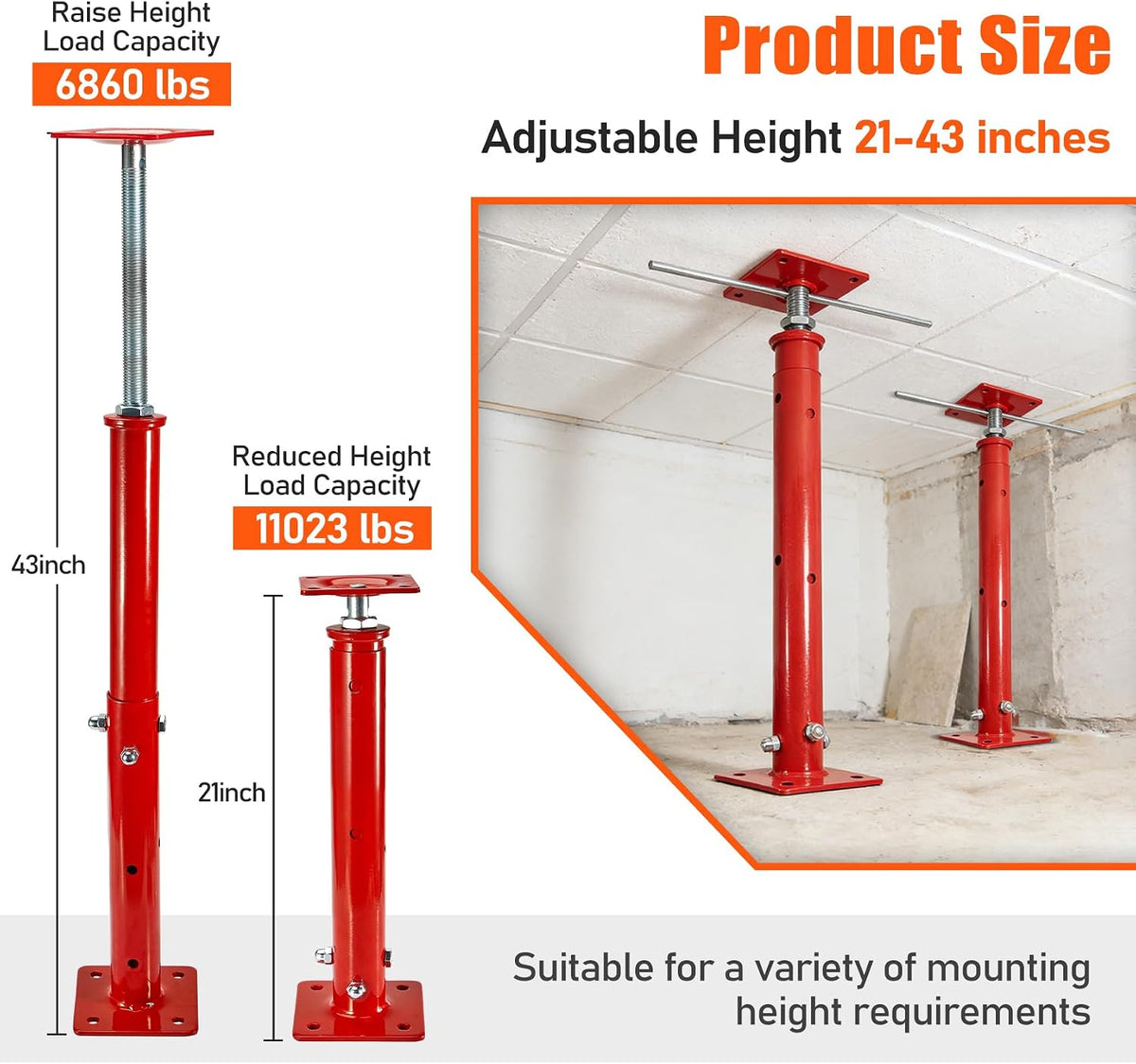 2 Pack House Floor Jacks, 21"-43" Height Range, 11023 LBS Max Load